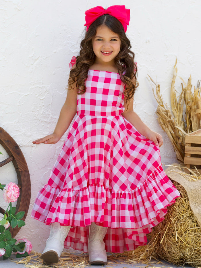 Girls Spring Dresses | Pink Plaid Hi Lo Ruffle Dress | Mia Belle Girls