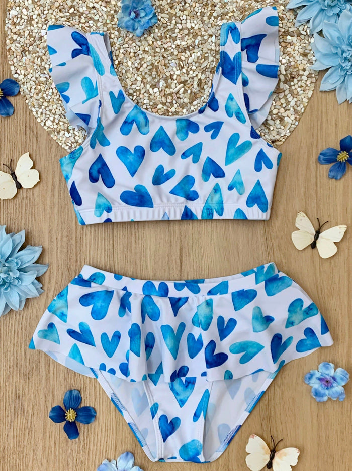 Mia Belle Girls Heart Print Skirted Swimsuit | Two Piece Swimsuits