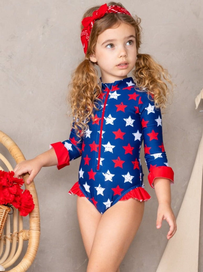 Girls Rash Guard Swimwear | Star Print 4th Of July One Piece Swimsuit