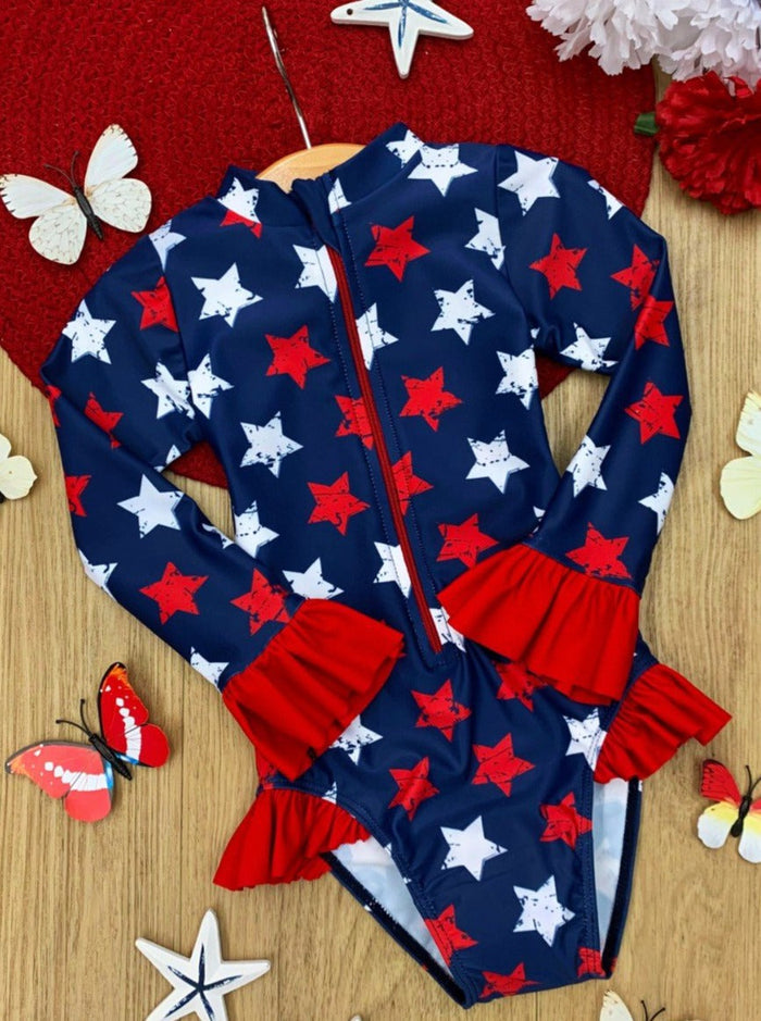 Girls Rash Guard Swimwear | Star Print 4th Of July One Piece Swimsuit