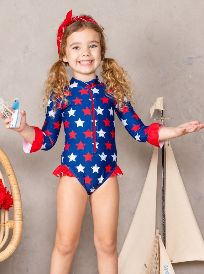 Girls Rash Guard Swimwear | Star Print 4th Of July One Piece Swimsuit