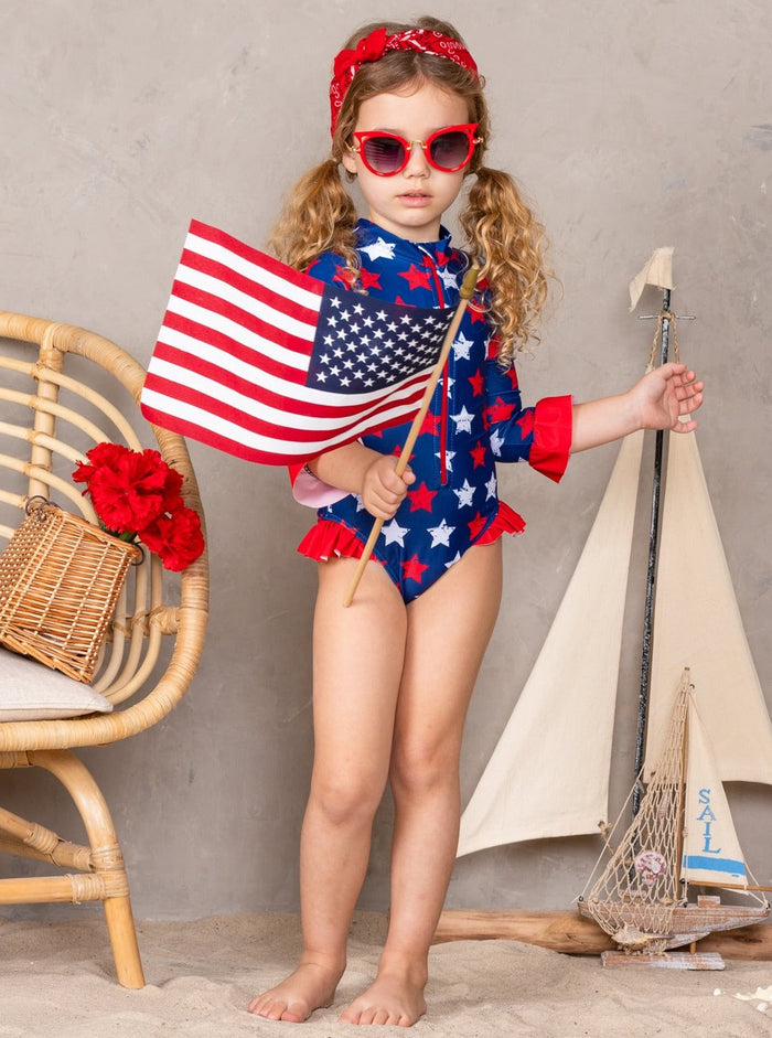 Girls Rash Guard Swimwear | Star Print 4th Of July One Piece Swimsuit
