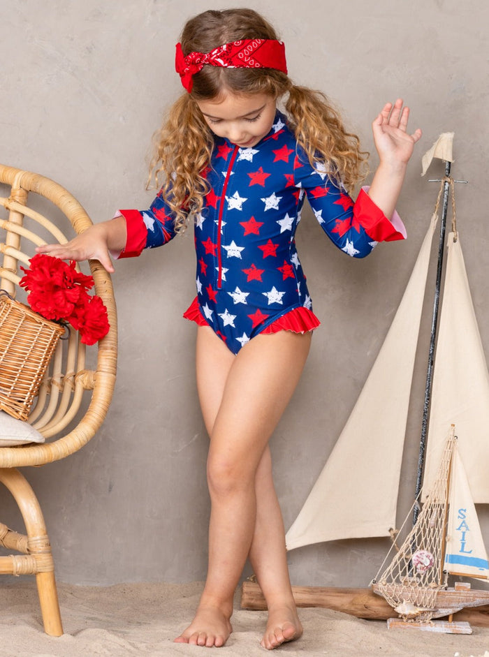 Girls Rash Guard Swimwear | Star Print 4th Of July One Piece Swimsuit