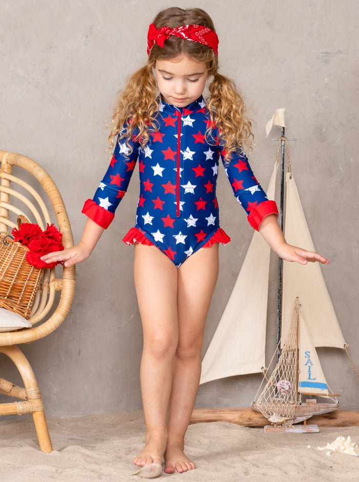 Girls Rash Guard Swimwear | Star Print 4th Of July One Piece Swimsuit