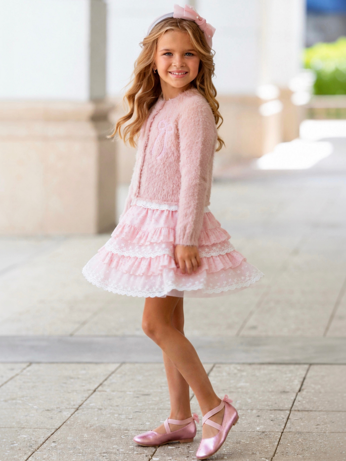 Pink girls cardigan with matching layered lace skirt for family photos, birthdays, and holiday celebrations.