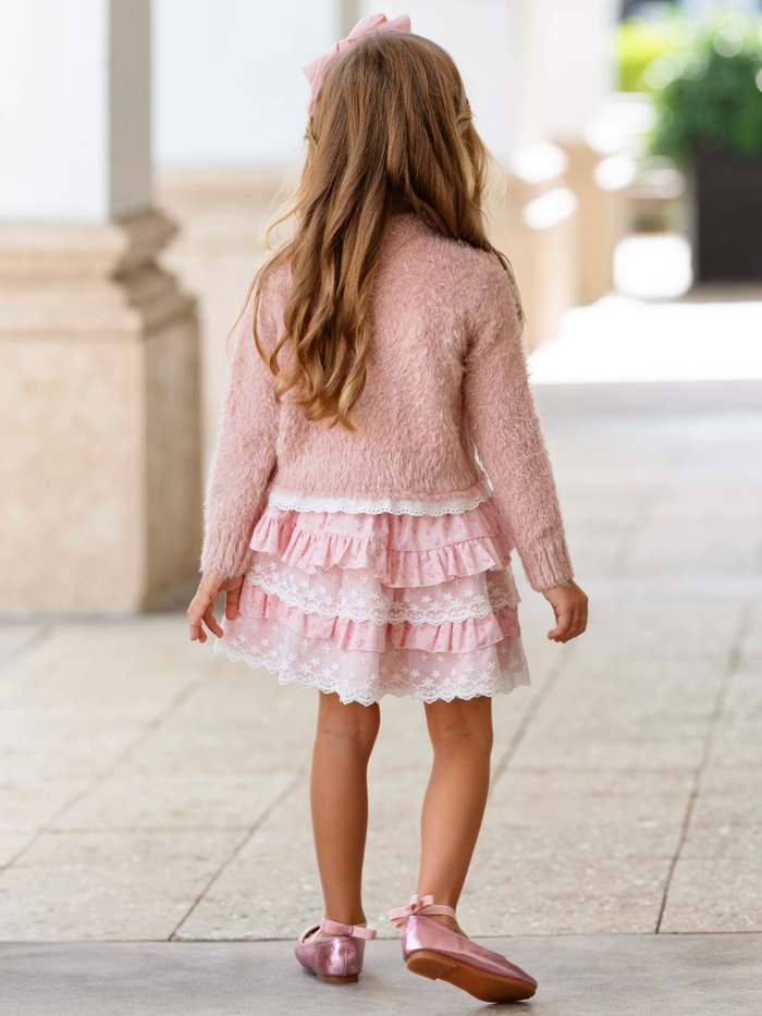 Pink girls cardigan with matching layered lace skirt for family photos, birthdays, and holiday celebrations.