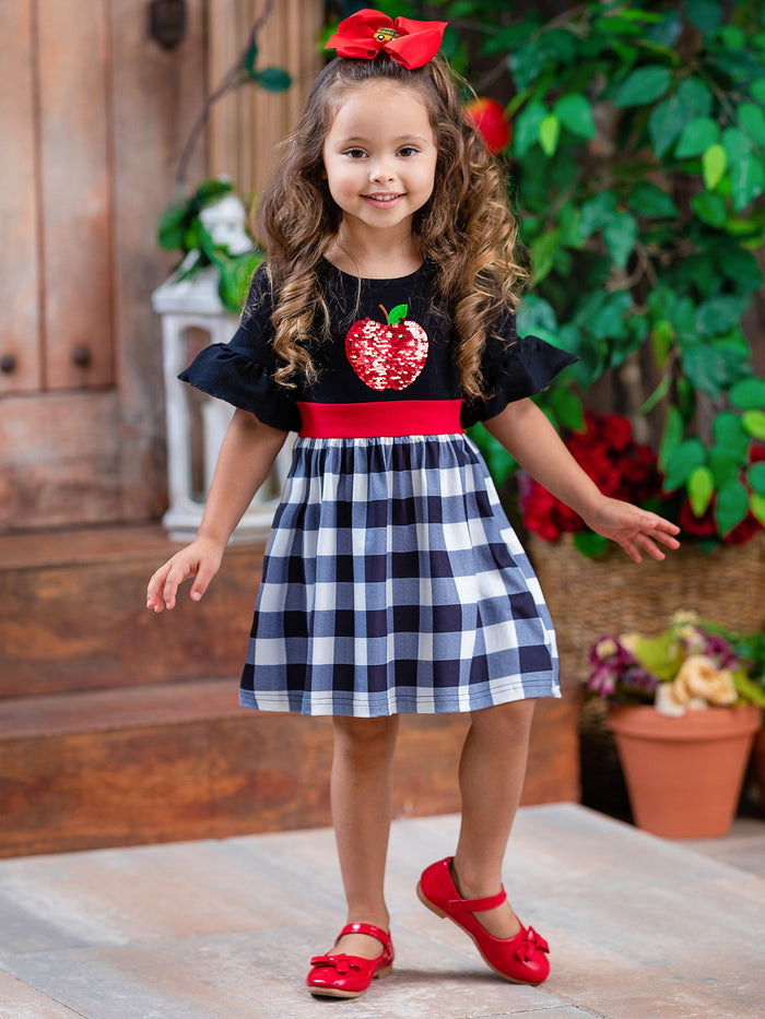 Back To School Dresses | Sequin Apple Plaid Dress | Mia Belle Girls