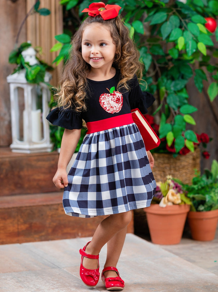 Back To School Dresses | Sequin Apple Plaid Dress | Mia Belle Girls