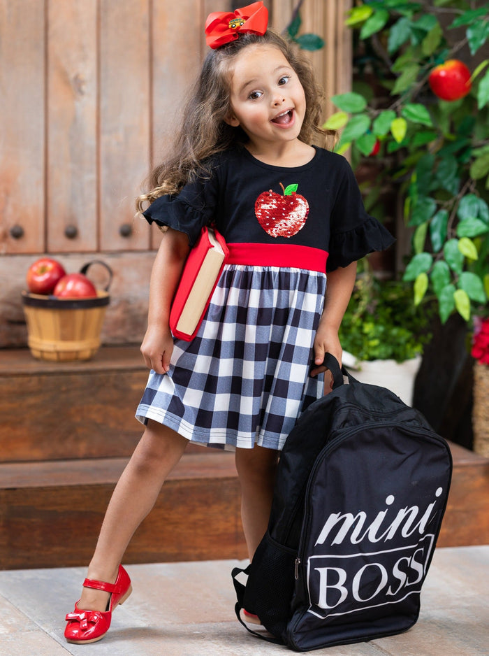 Back To School Dresses | Sequin Apple Plaid Dress | Mia Belle Girls