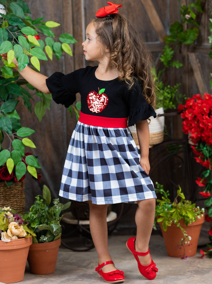 Back To School Dresses | Sequin Apple Plaid Dress | Mia Belle Girls