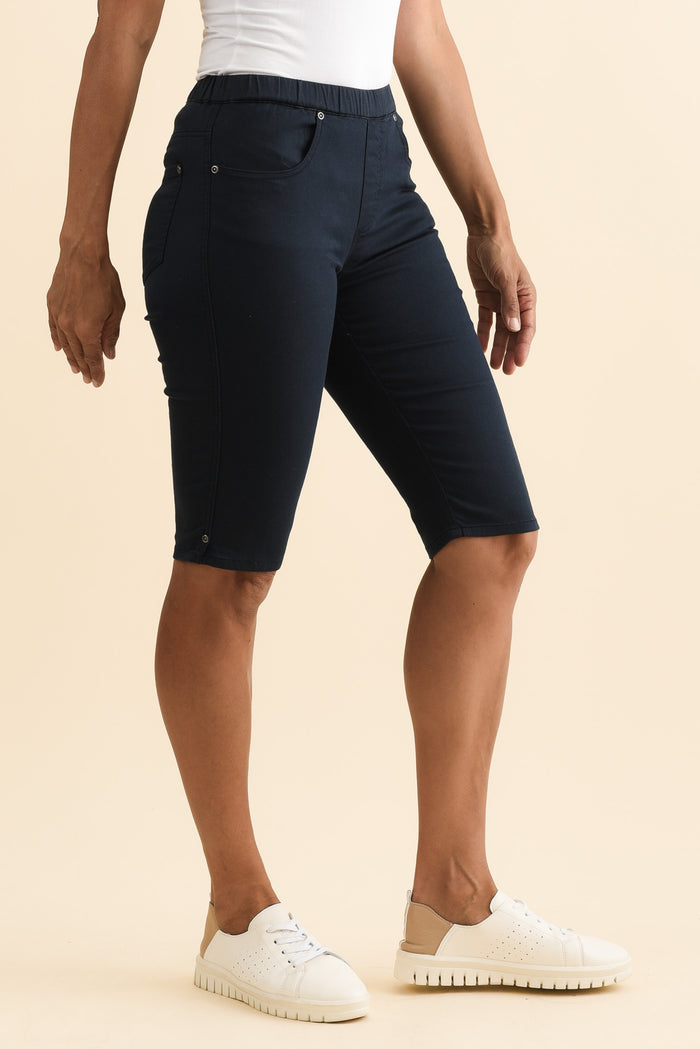 Tora Navy Stretch Shorts,Brunette model,alt text|model:Cara