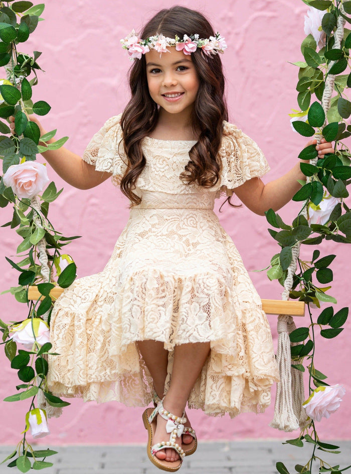 Toddler Spring Dress | Girls Neutral Cold Shoulder Maxi Lace Sundress