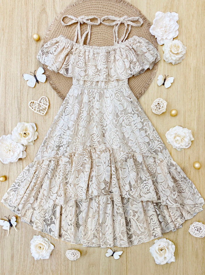 Toddler Spring Dress | Girls Neutral Cold Shoulder Maxi Lace Sundress