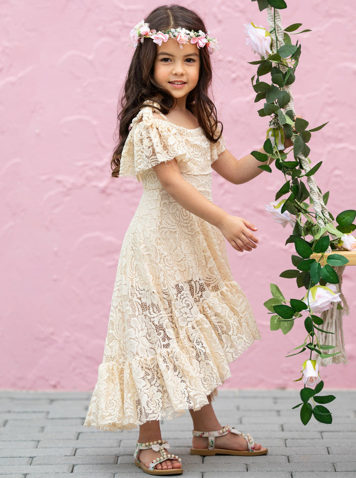 Toddler Spring Dress | Girls Neutral Cold Shoulder Maxi Lace Sundress