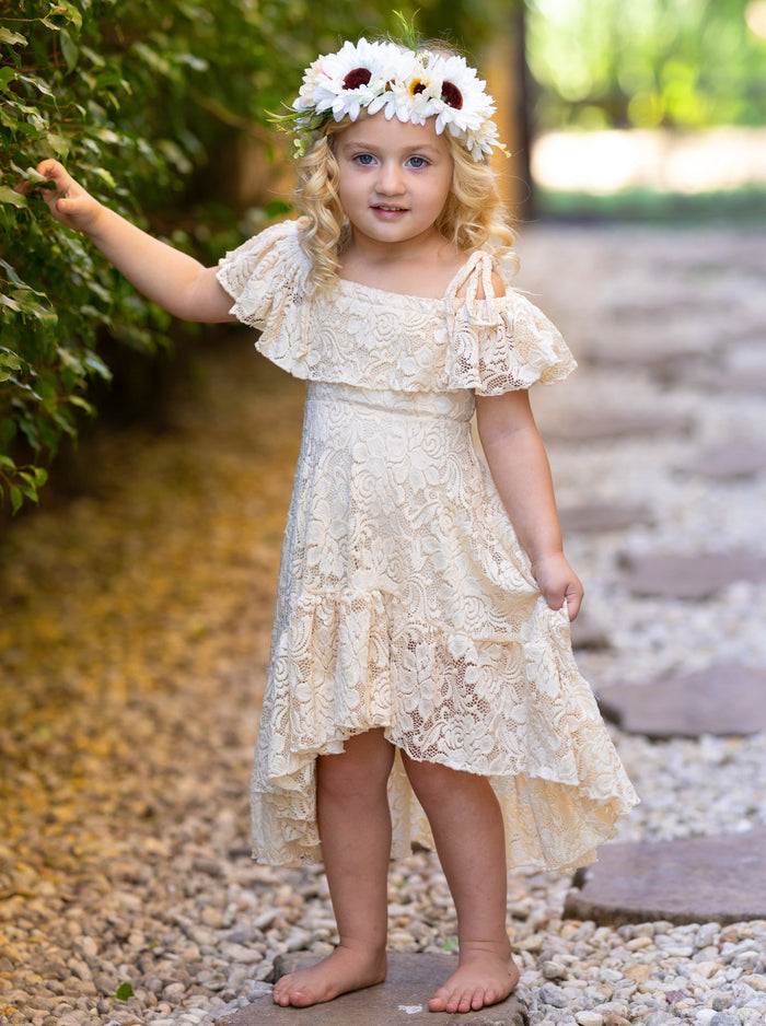 Toddler Spring Dress | Girls Neutral Cold Shoulder Maxi Lace Sundress