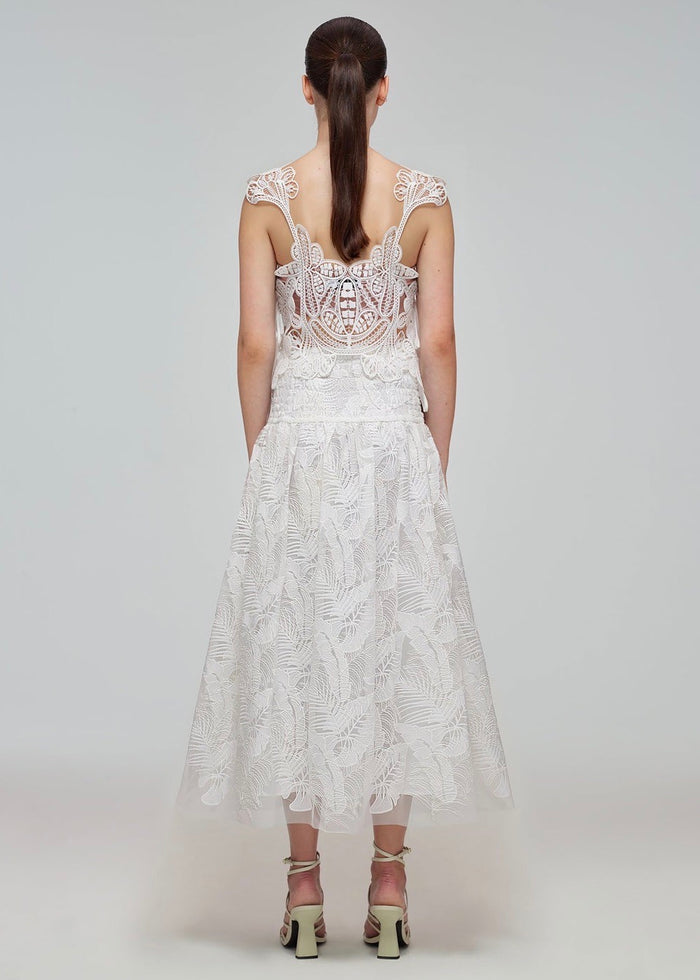 Tropical Leaf Embroidered Midi Skirt (White)