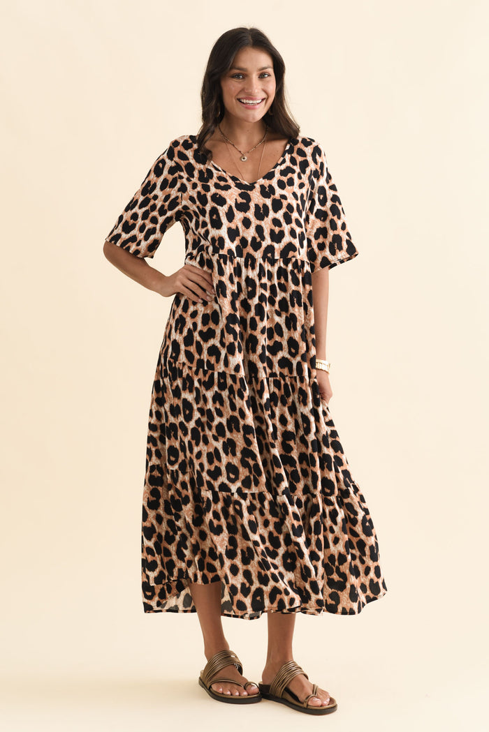Tully Brown Leopard Maxi Dress,Brunette model,alt text|model:Brontie