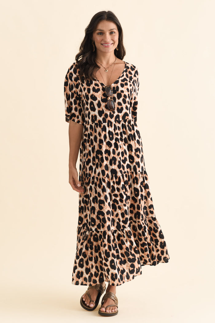 Tully Brown Leopard Maxi Dress,Brunette model,alt text|model:Brontie