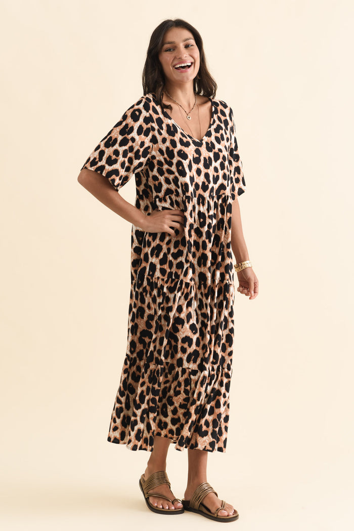 Tully Brown Leopard Maxi Dress,Brunette model,alt text|model:Brontie