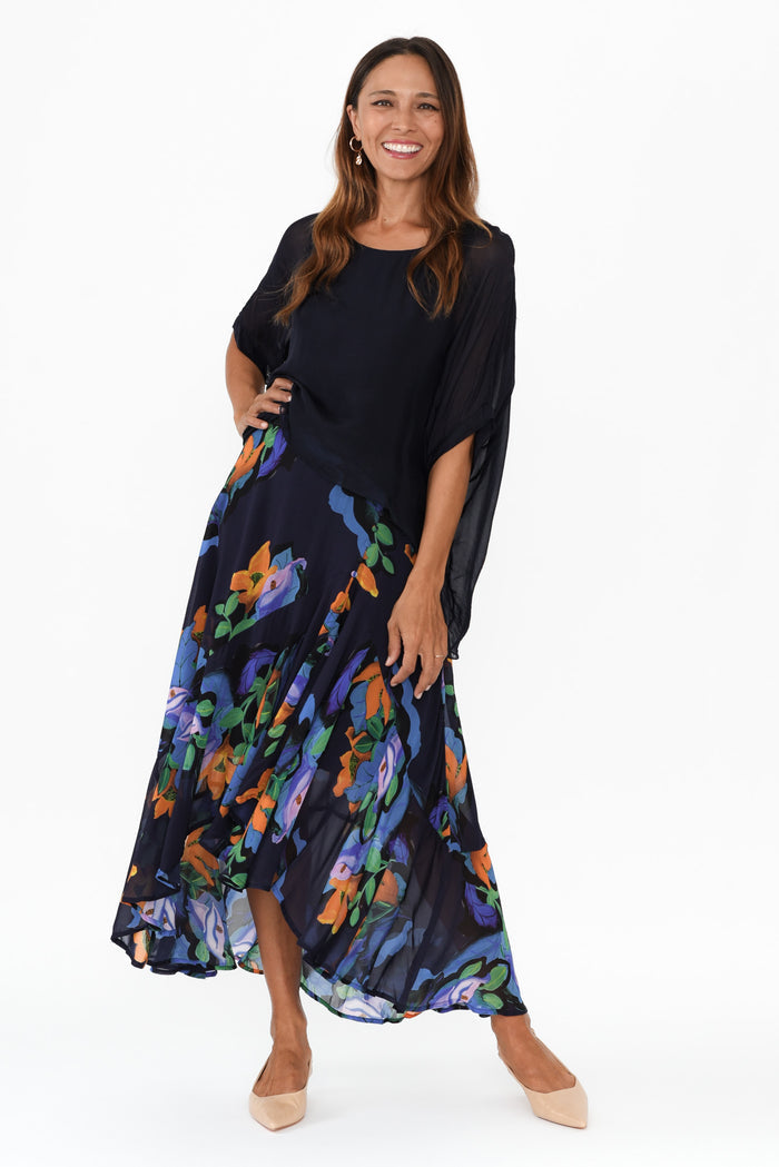 Twilight Navy Floral Skirt,Brunette model,alt text|model:Cara