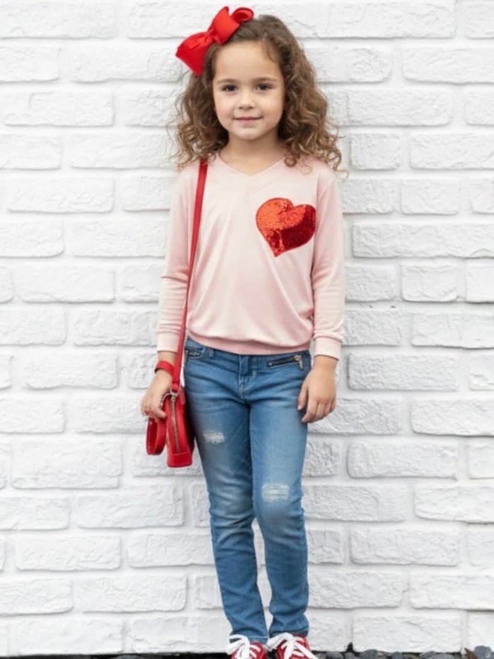 Valentine's Day Sequin Heart Long Sleeve Pink Top Mia Belle Girls