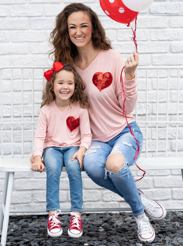 Valentine's Day Sequin Heart Long Sleeve Pink Top Mia Belle Girls