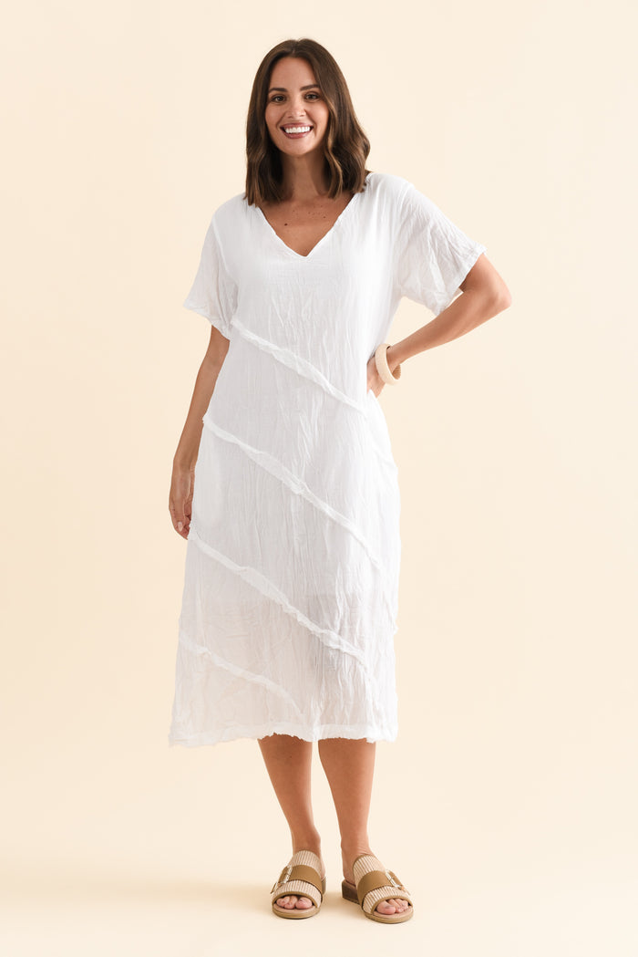 Vanessa White Diagonal Seam Dress,Brunette model,alt text|model:MJ