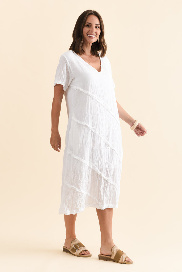 Vanessa White Diagonal Seam Dress,Brunette model,alt text|model:MJ