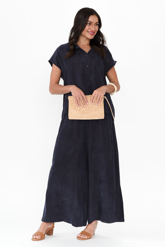Vault Navy Cupro Pants,Brunette model,alt text|model:Brontie