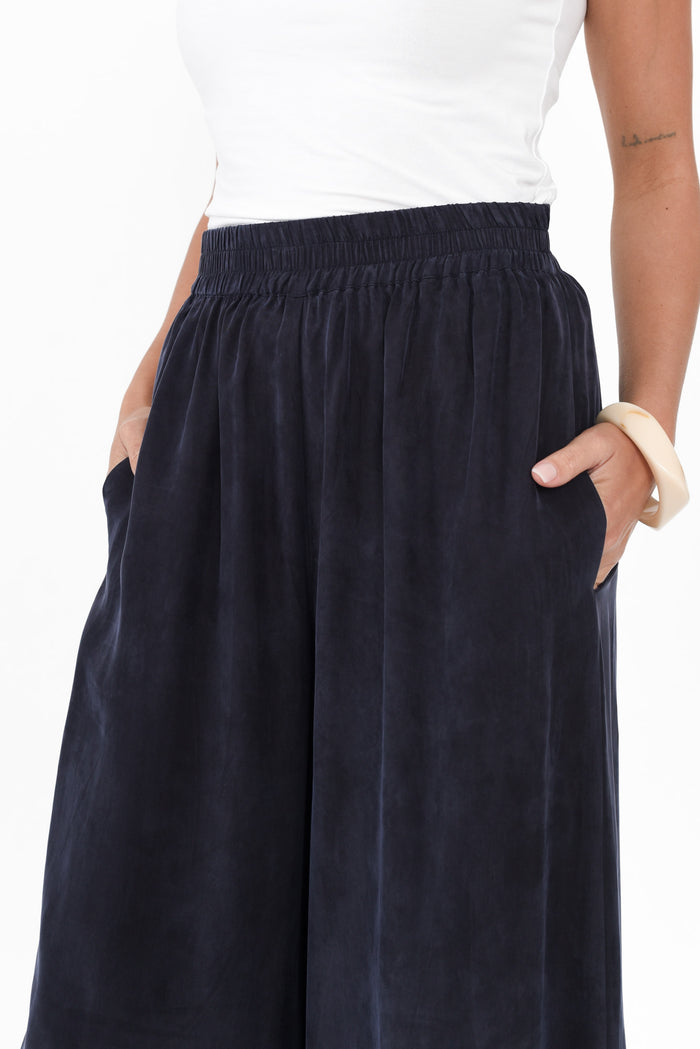 Vault Navy Cupro Pants,Brunette model,alt text|model:Brontie