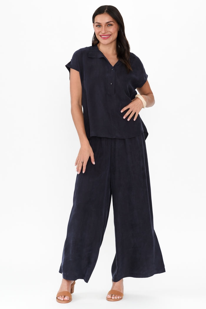 Vault Navy Cupro Pants,Brunette model,alt text|model:Brontie
