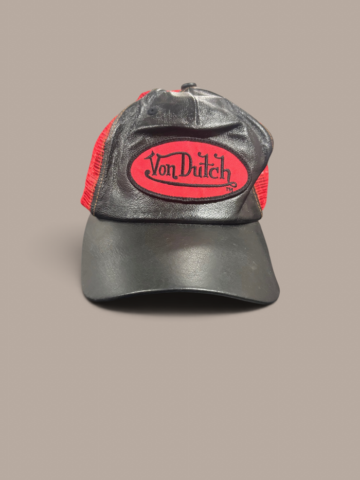 von dutch cap black leather red trucker style
