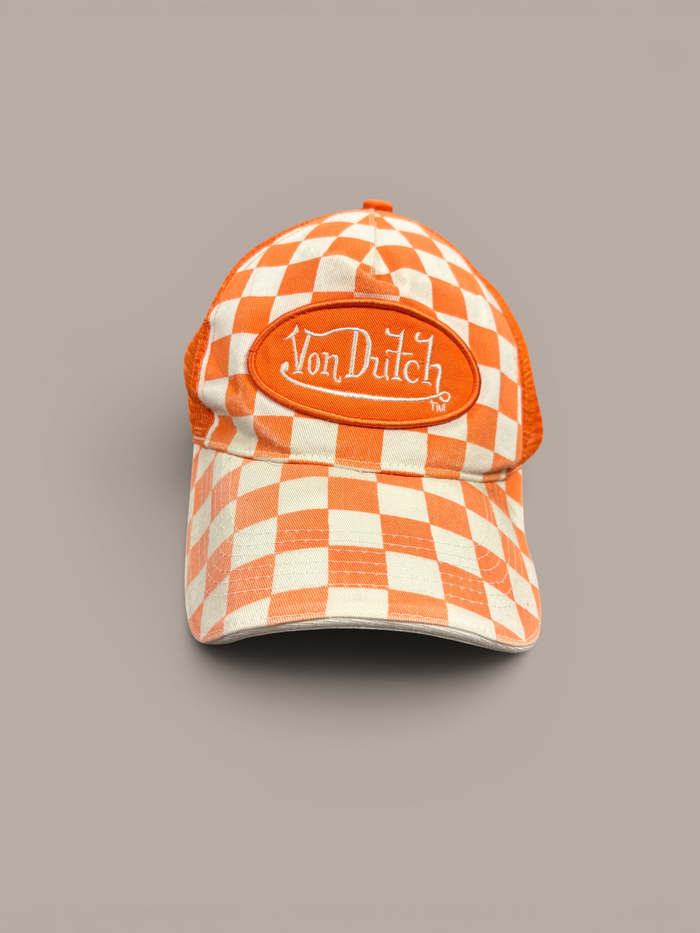 von dutch hat orange checkered trucker style