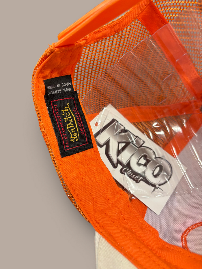 von dutch hat orange checkered trucker style