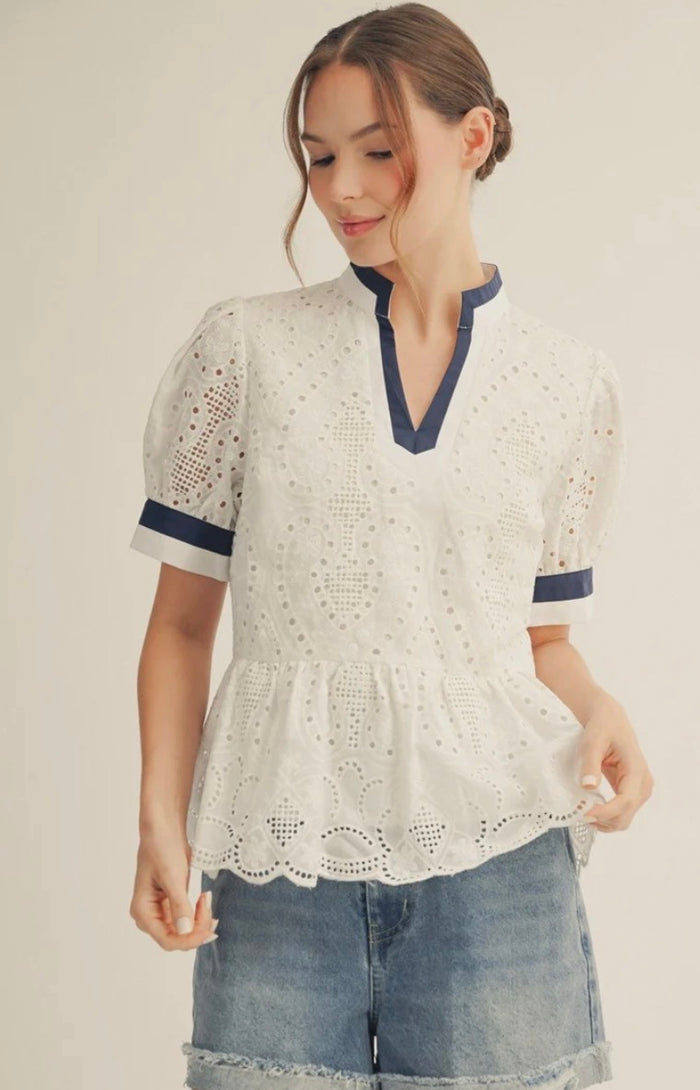 White Eyelet Peplum Top with Navy Trim