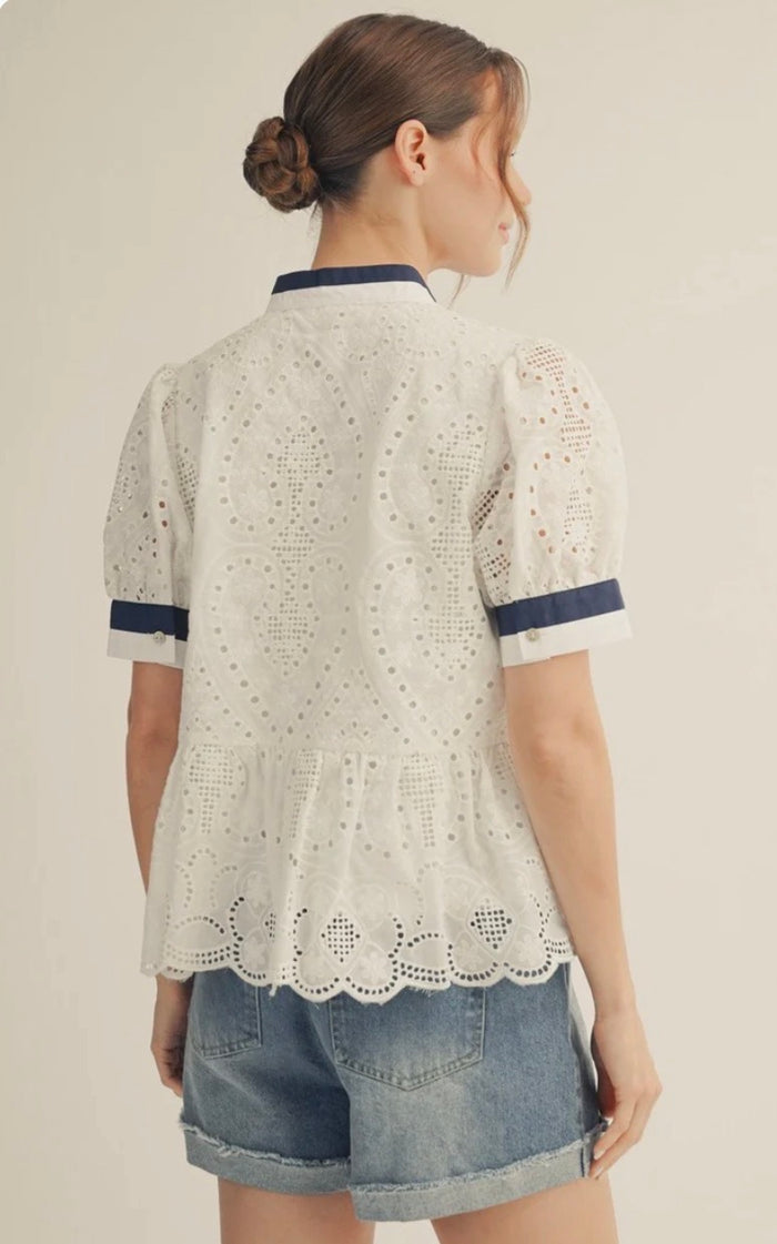 White Eyelet Peplum Top with Navy Trim