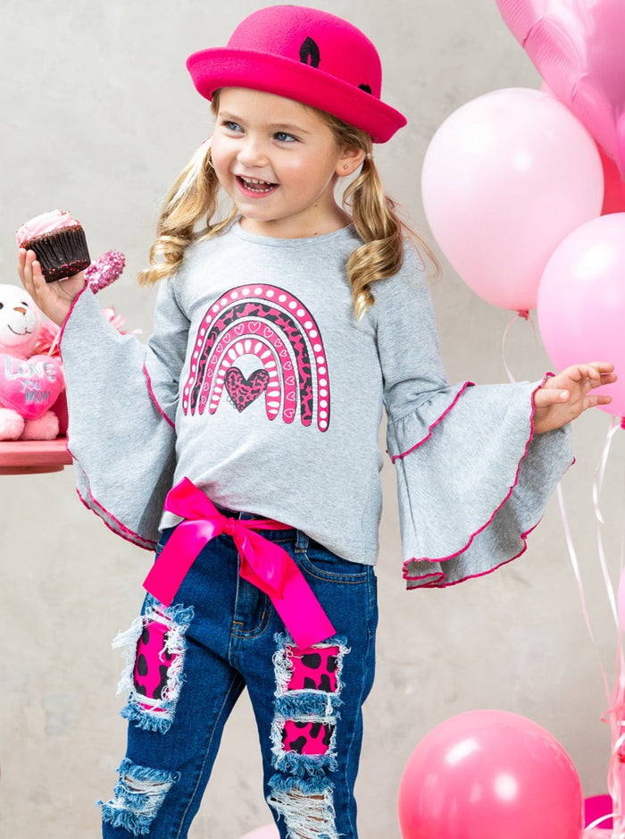 Kids Valentine's Clothes | Girls Bell Sleeve Top & Patched Jeans Set