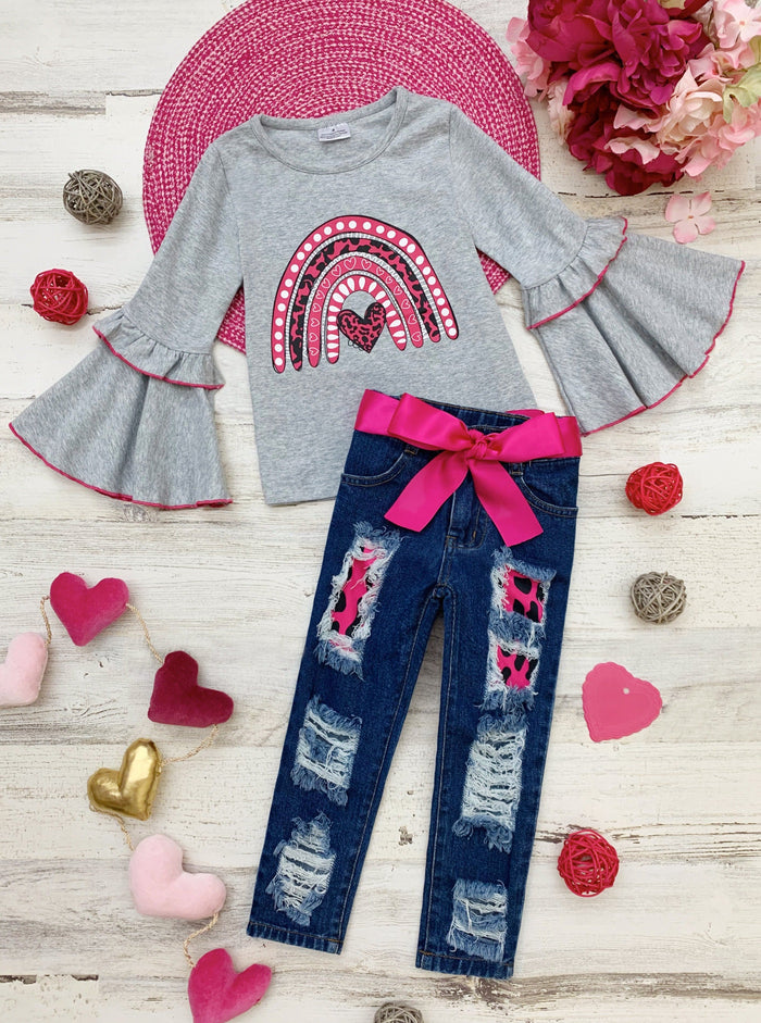Kids Valentine's Clothes | Girls Bell Sleeve Top & Patched Jeans Set