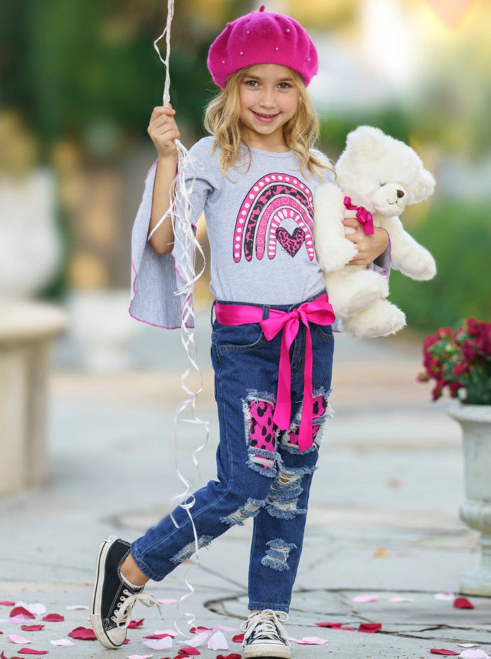 Kids Valentine's Clothes | Girls Bell Sleeve Top & Patched Jeans Set