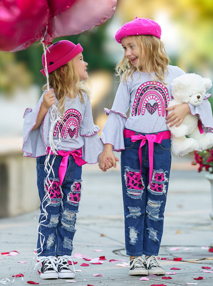 Kids Valentine's Clothes | Girls Bell Sleeve Top & Patched Jeans Set