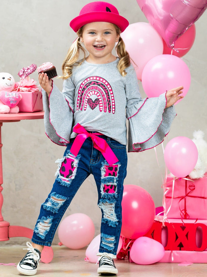 Kids Valentine's Clothes | Girls Bell Sleeve Top & Patched Jeans Set