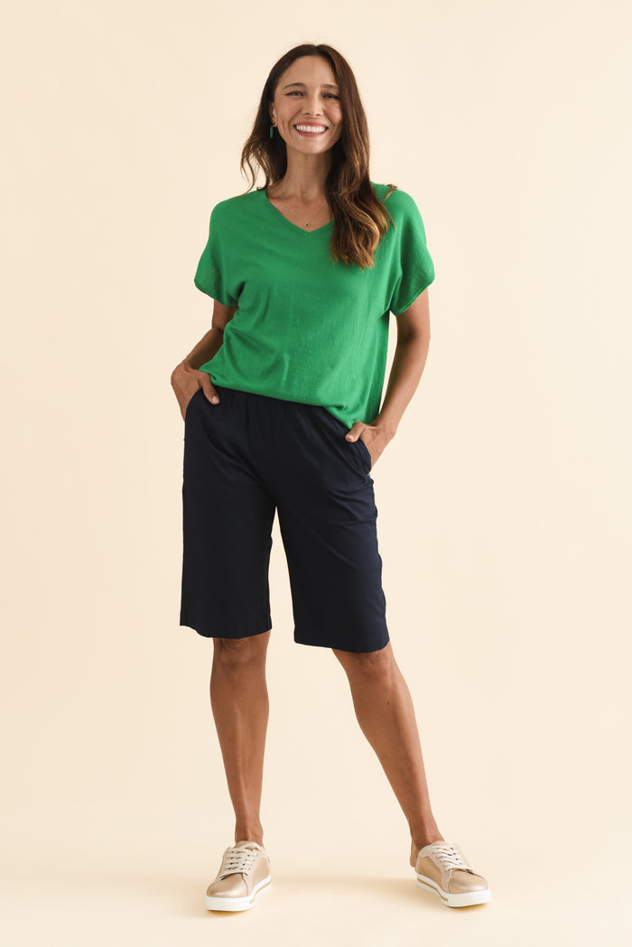 Wilson Navy Cotton Shorts,Brunette model,alt text|model:Cara