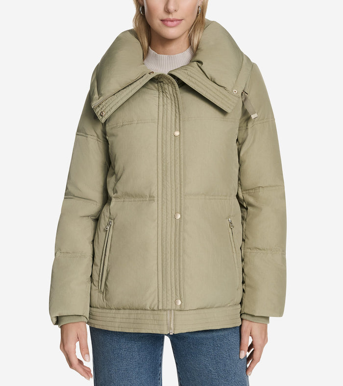 Women's Twill Nylon Down Jacket with Trapunto Stitch Details-Sage