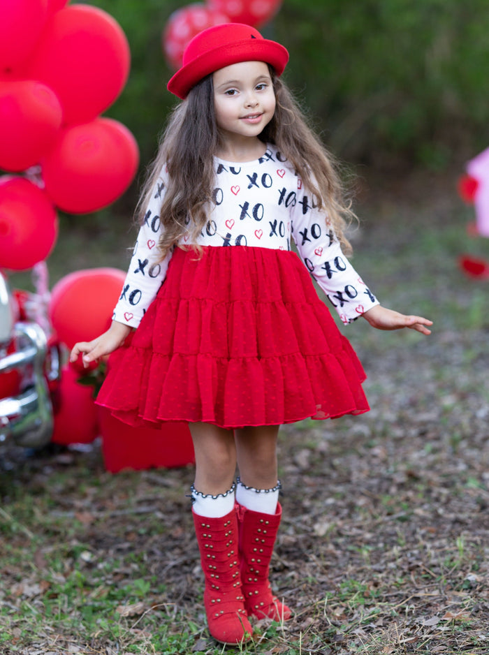 Toddler Valentine's Outfits| Long Sleeve XOXO Swiss Tulle Ruffle Dress