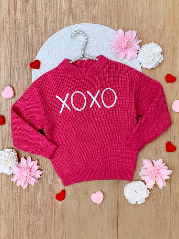"XOXO" Embroidered Chunky Knit Sweater Mia Belle Girls