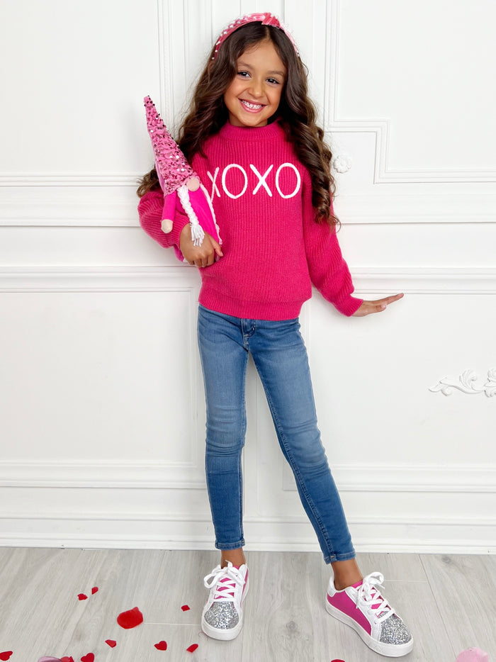 "XOXO" Embroidered Chunky Knit Sweater Mia Belle Girls