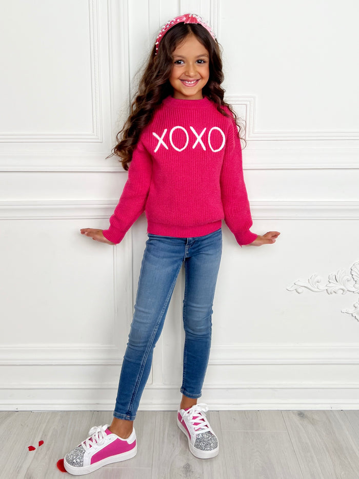 "XOXO" Embroidered Chunky Knit Sweater Mia Belle Girls