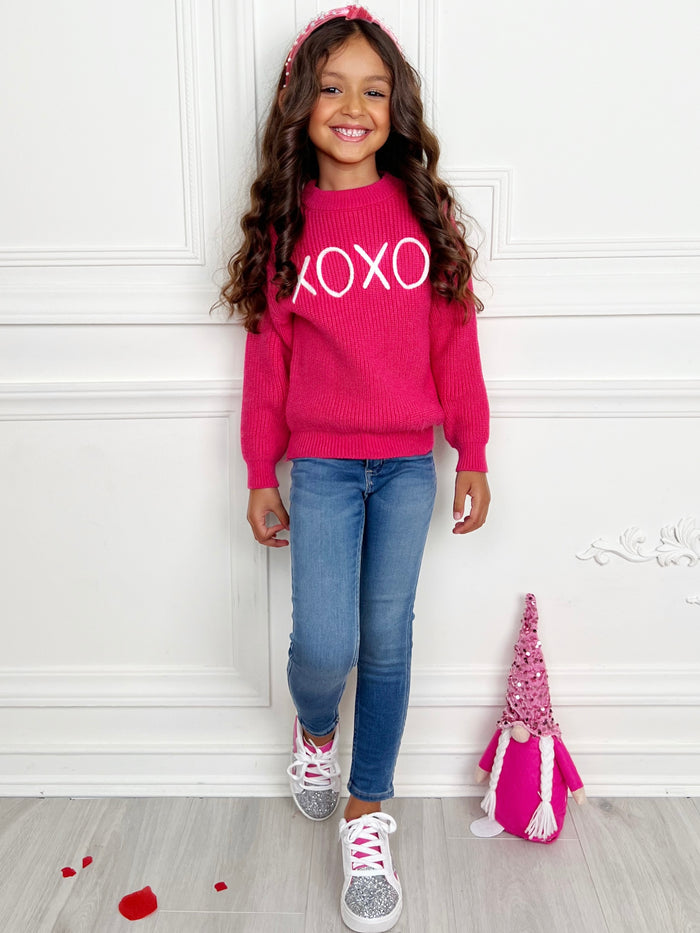 "XOXO" Embroidered Chunky Knit Sweater Mia Belle Girls