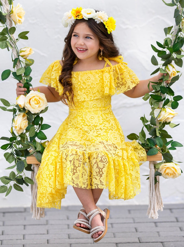 Toddler Spring Dress | Girls Yellow Cold Shoulder Maxi Lace Sundress
