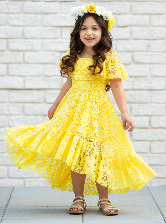 Toddler Spring Dress | Girls Yellow Cold Shoulder Maxi Lace Sundress